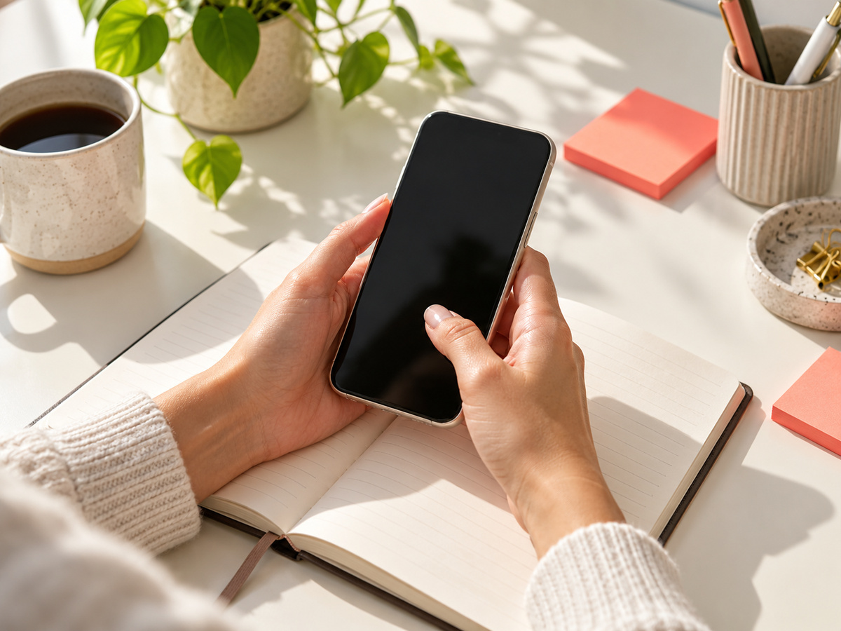 Hands holding a phone over a notebook